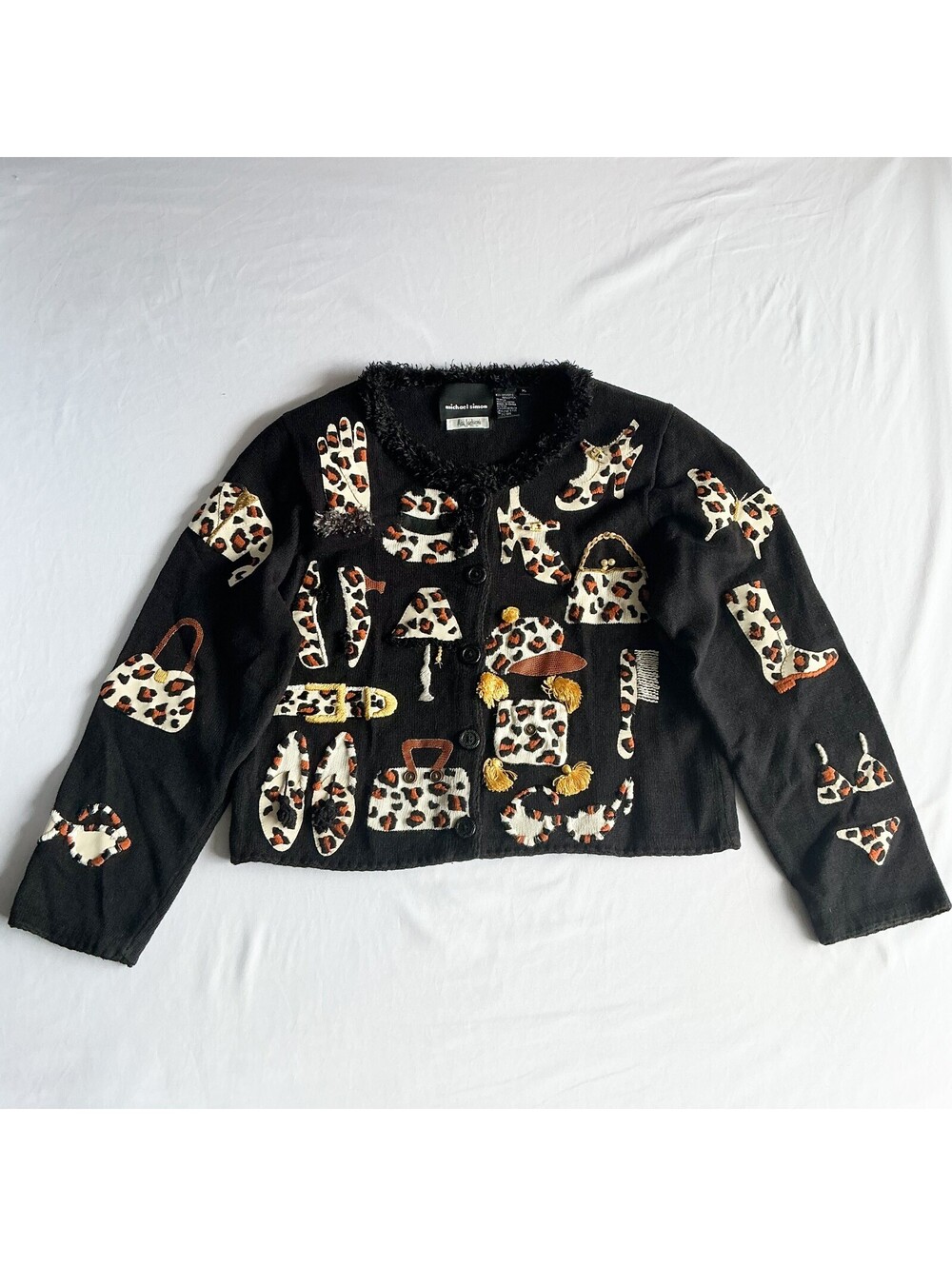 Michael Simon Vintage Black Knit Cardigan with Leopard Print Accessories XL